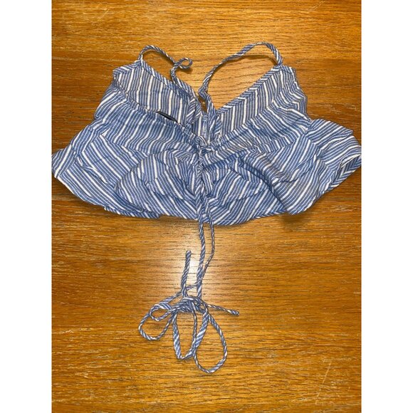 Blue & White Striped Ruffled Crop Top With Tie Back - Picture 3 of 3